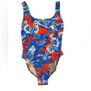 J. Crew NWT Floral One Piece Swim Suit Sz 10 M Red White Blue Scoop Back Neck